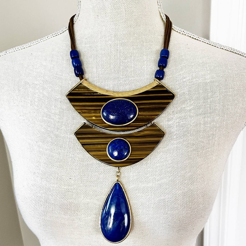 NEW Chico's Tigers Eye & Sodalite Egyptian Style Statement Necklace